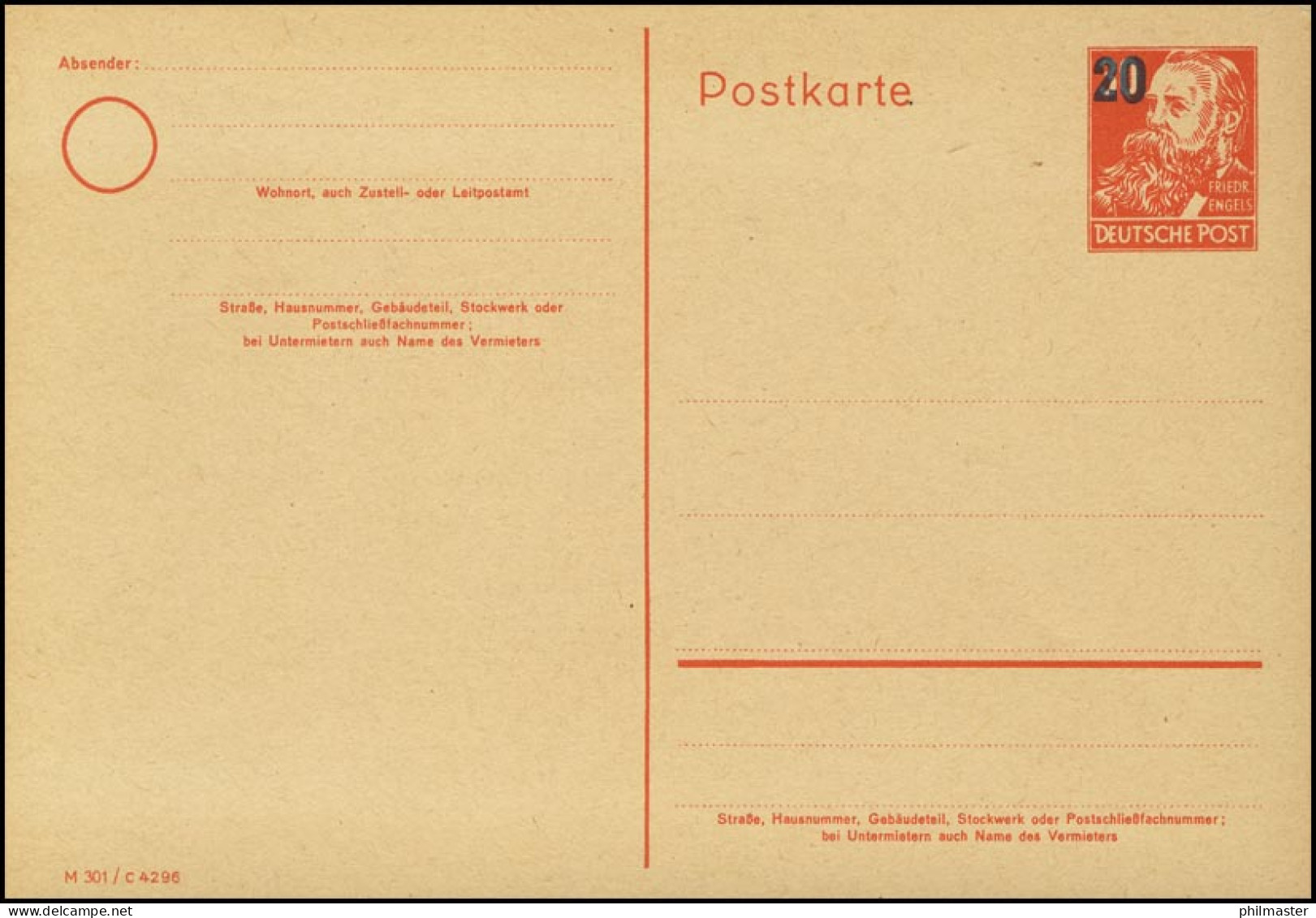 P 42/01 Bebel 20 Auf 30 Pf, Druckververk / DV: M 301 C 4296, ** Postfrisch - Sonstige & Ohne Zuordnung