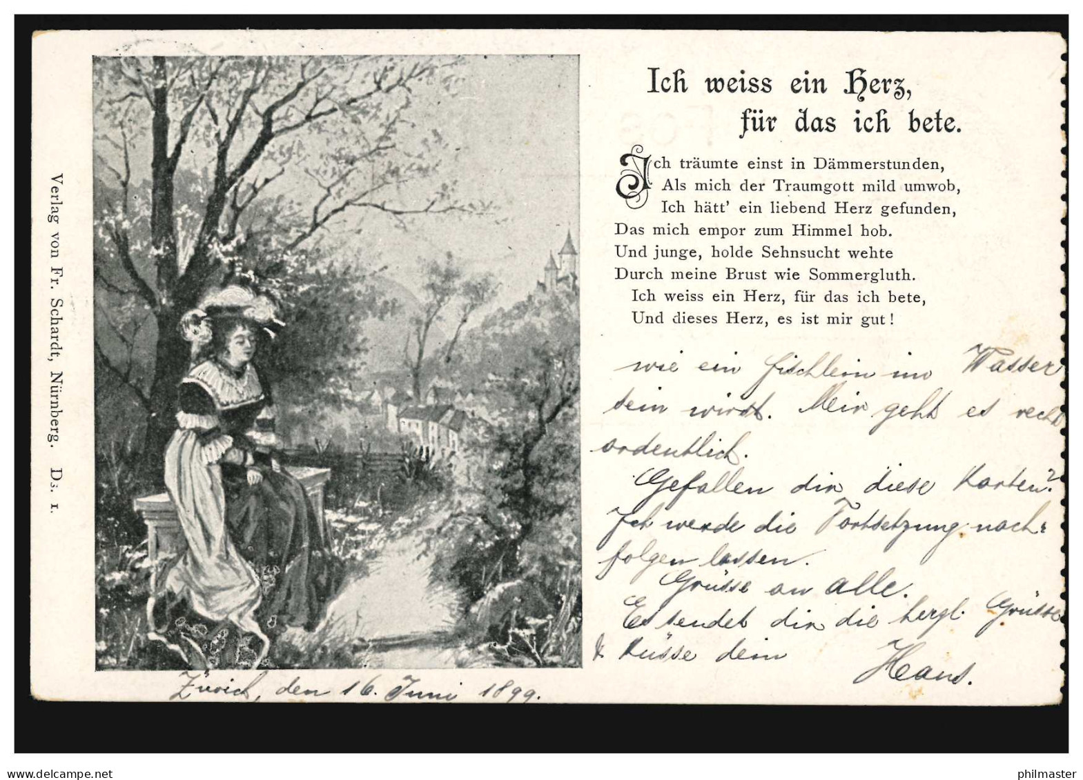 Lyrik-AK Betende Frau Auf Bank, Gedicht Ich Weiß Ein Herz, Für Das Ich Bete.1899 - Altri & Non Classificati