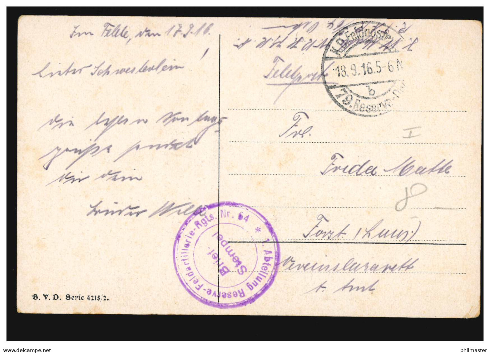 Feldpost Reserve-Feldartillerie-Regiment 64 - 18.9.16 Auf Lyrik-AK Jugendzeit - Occupazione 1914 – 18