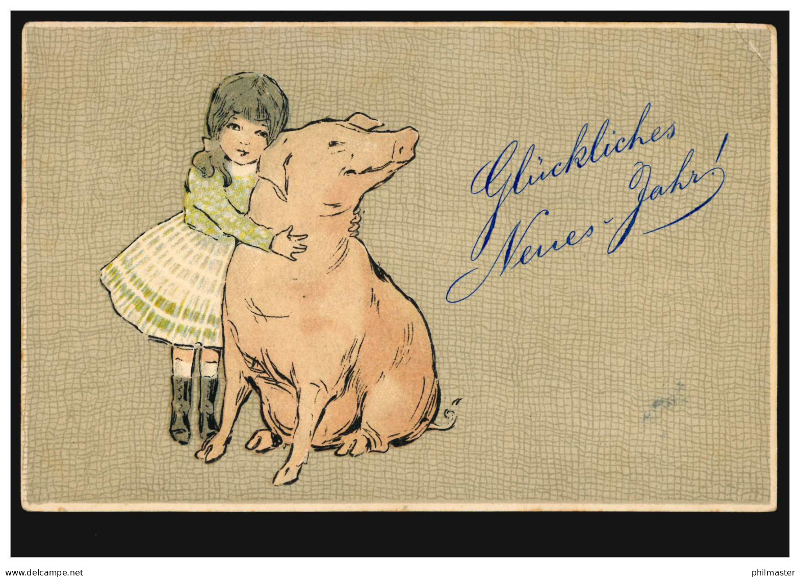 Tier-AK Neujahr Mädchen Mit Schwein, WIESBADEN 2.1.1906 Nach LÖVENICH/CÖLN 3.1. - Sonstige & Ohne Zuordnung