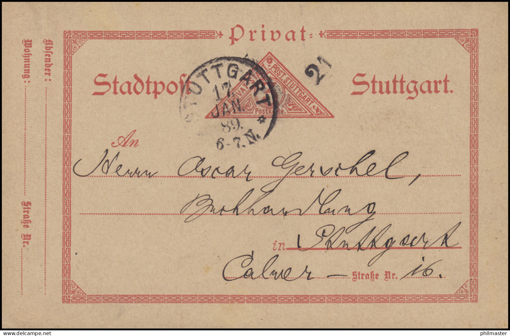 Privat-Stadtpost Postkarte Stuttgart 3 Pf. Dreieck Rot: STUTTGART 17.1.89 - Private & Local Mails