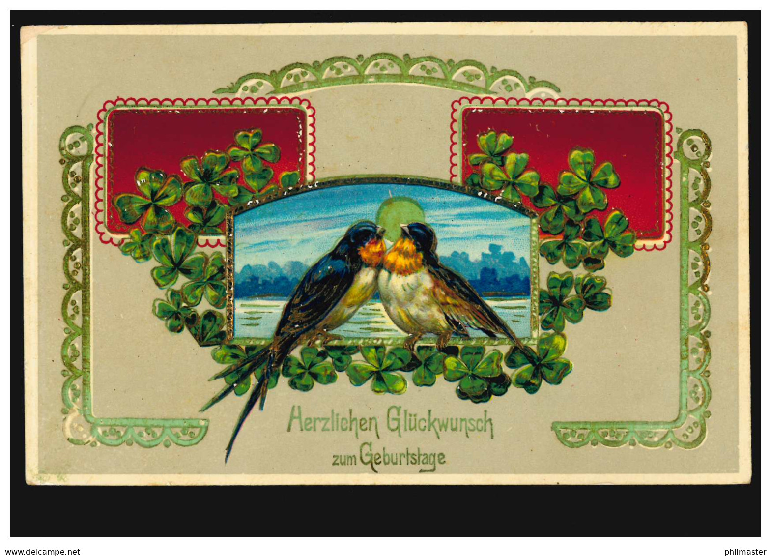 Tier-AK Schwalbenpaar Mit Glücksklee-Girlande, NIEDER-SCHÖNEWEIDE 1909 - Pájaros