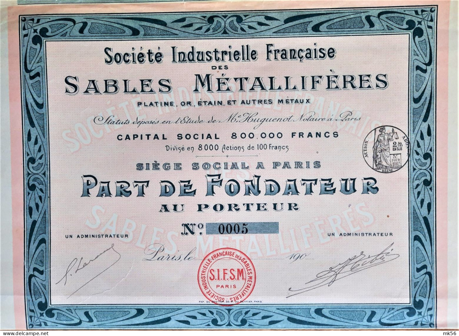 Société Industrielle Française Des Sables Métallifères - Part De Fondateur - Industry