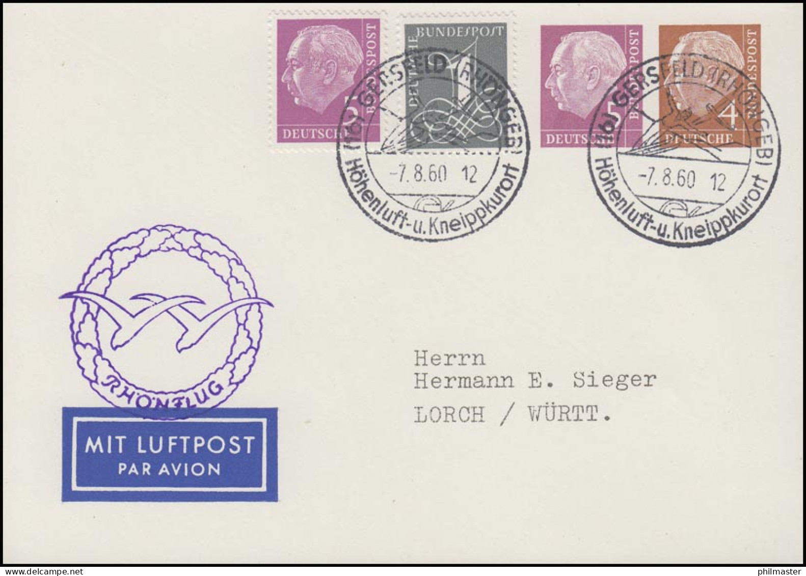 PP 12/1 Heuss 5/4 Pf Mit Heuss-Zufr. SSt Gersfeld 7.8.60 & Rhönflug-Stempel - Privatumschläge - Ungebraucht