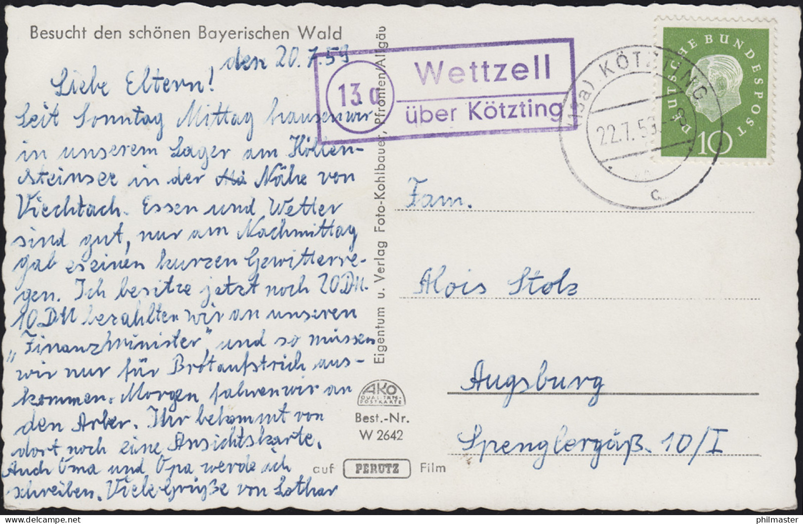 Landpost Wettzell über KÖTZING 22.7.1959 Auf Ansichtskarte Kraftwerk Höllenstein - Andere & Zonder Classificatie