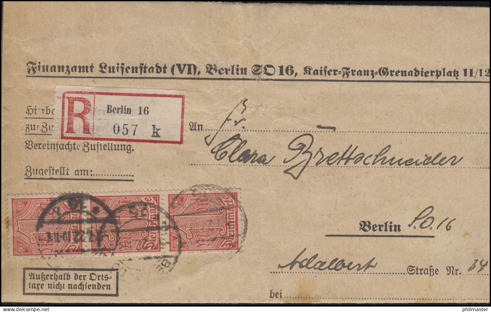 30 Dienstmarke 1 Mark Portogerechte MeF R-Brief Finanzamt BERLIN 16 - 5.7.1922 - Dienstmarken