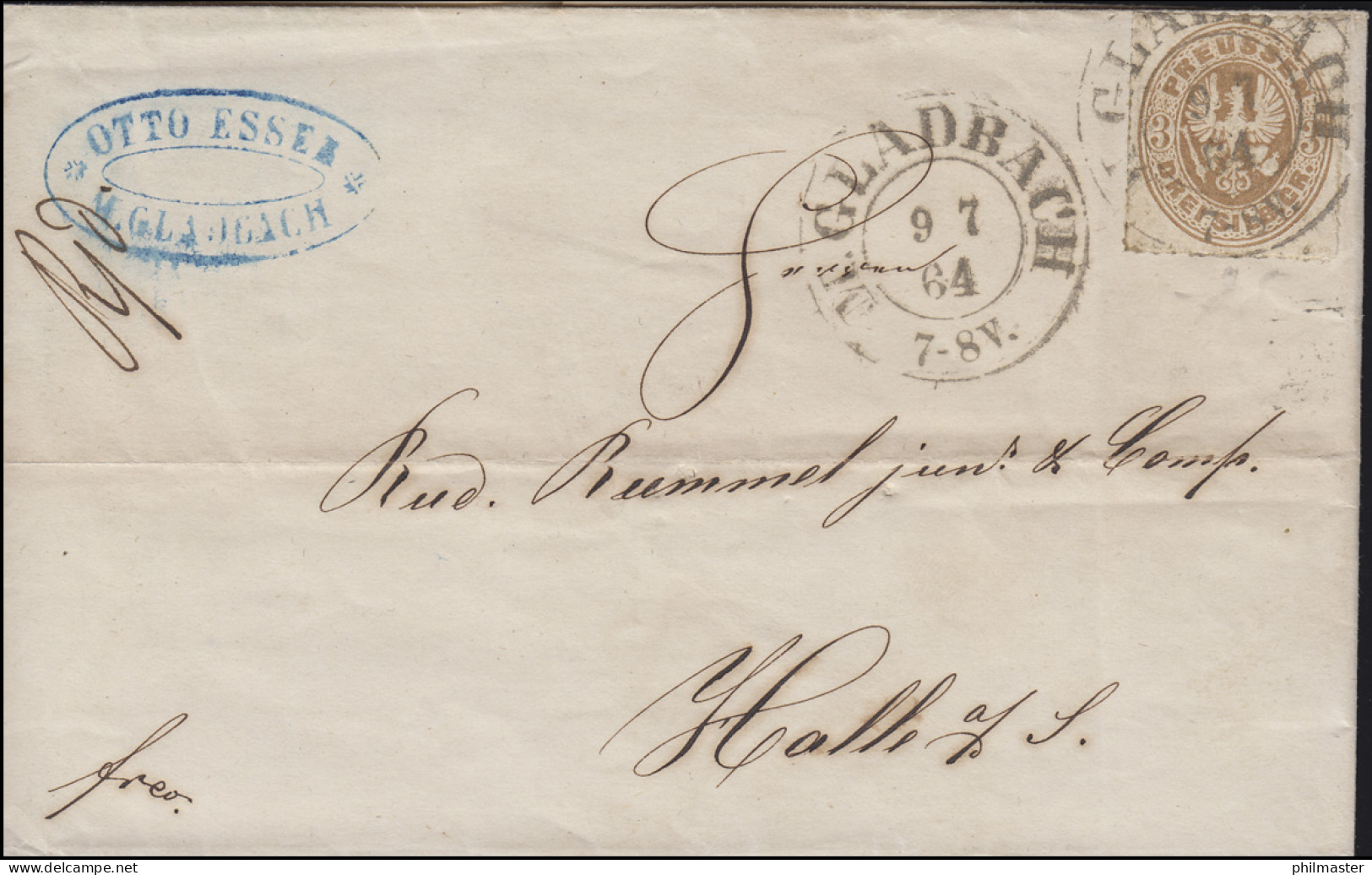 Preußen 18 EF Auf Briefhülle Zweikreis M. GLADBACH 9.7.1864 Nach Halle/Saale - Brieven En Documenten