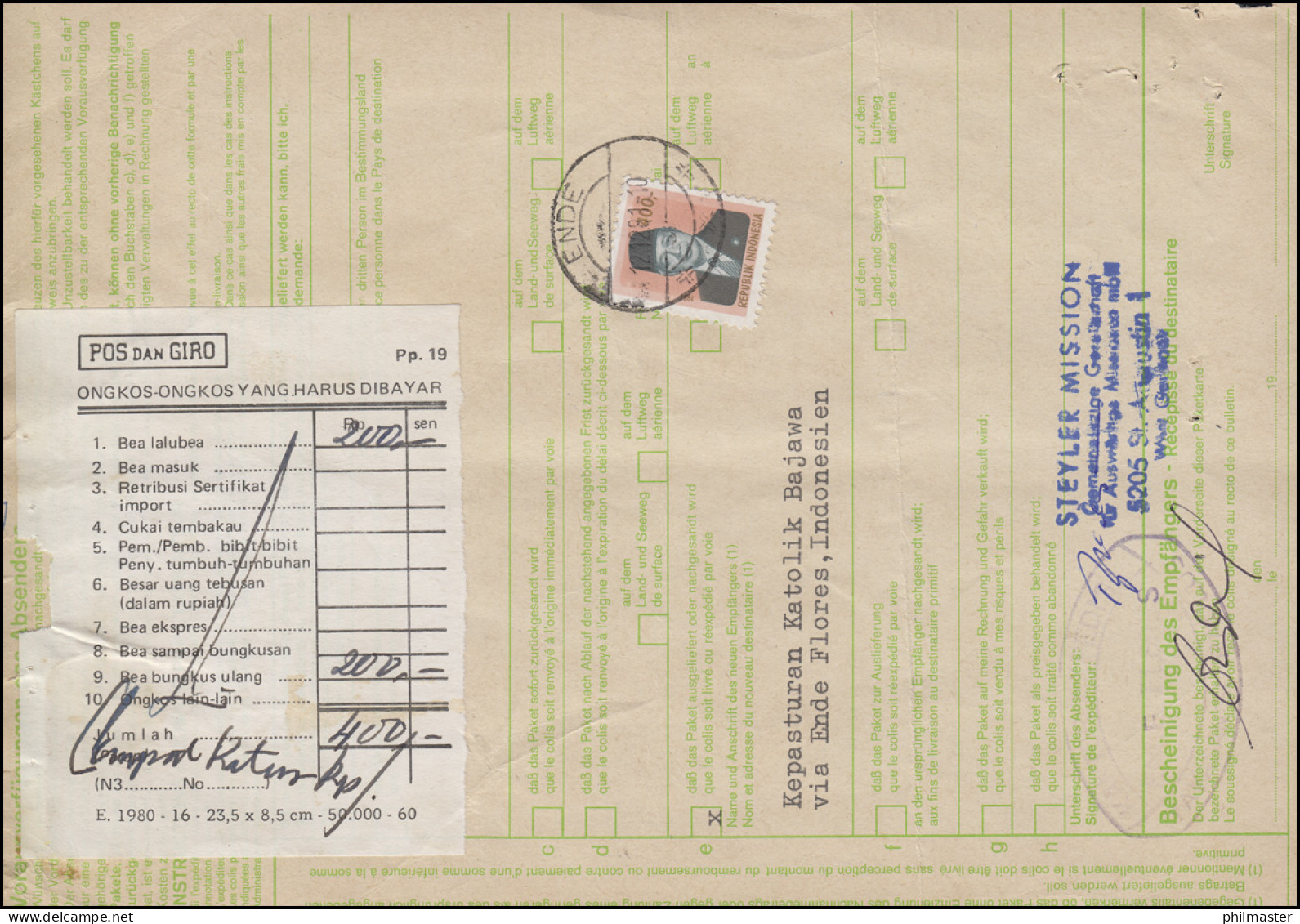 Paketkarte ST. AUGUSTIN (SIEG) 10.6.81 über Hamburg Nach ENDE 12.12.81 - Autres & Non Classés