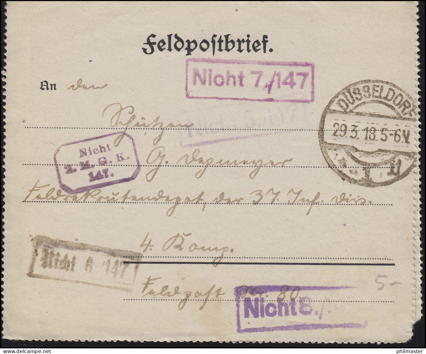 Feldpost DÜSSELDORF 29.3.1918 An Die Front - Mehrfach Nachgesendet - Bezetting 1914-18