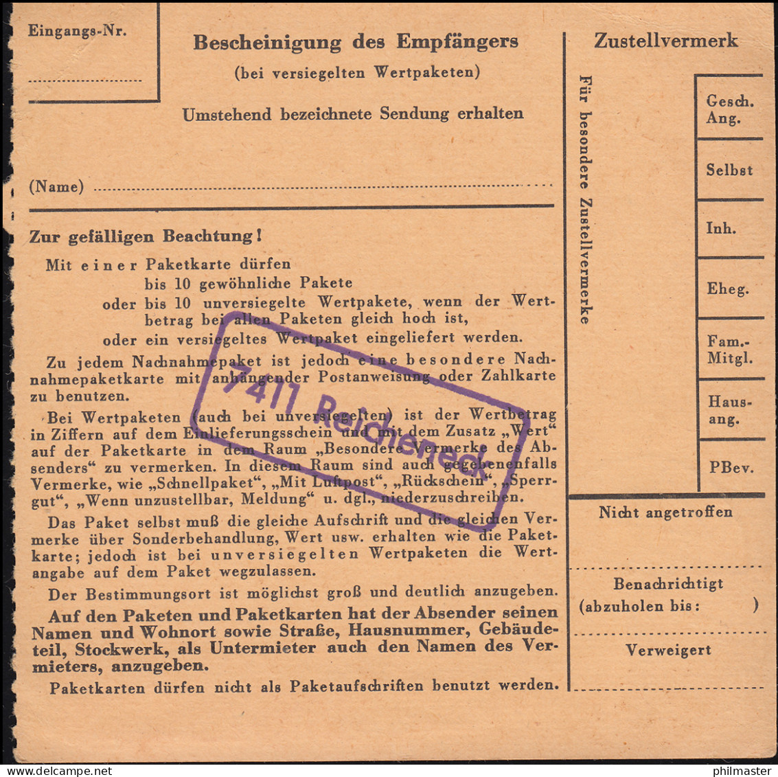 Landpost 7411 Reicheneck Auf Paketkarte Reicheneck über REUTLINGEN 31.10.62 - Sonstige & Ohne Zuordnung