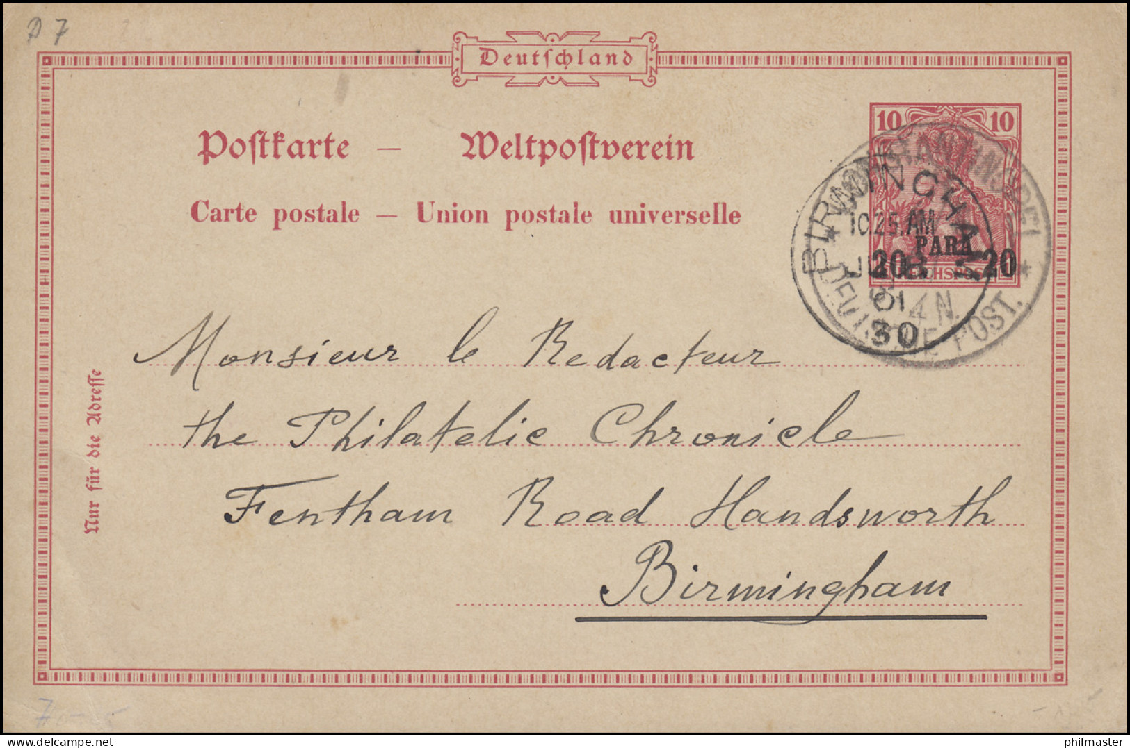 Türkei Postkarte P 7 Germania 20 Para CONSTANTINOPEL 4.6.1901 Nach BIRMINGHAM - Deutsche Post In Der Türkei