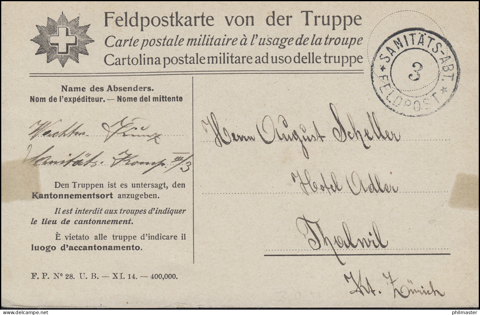 Schweiz Feldpostkarte Von Der Truppe SANITÄTS-ABT. 3 FELDPOST Um 1914/1915 - Occupazione 1914 – 18