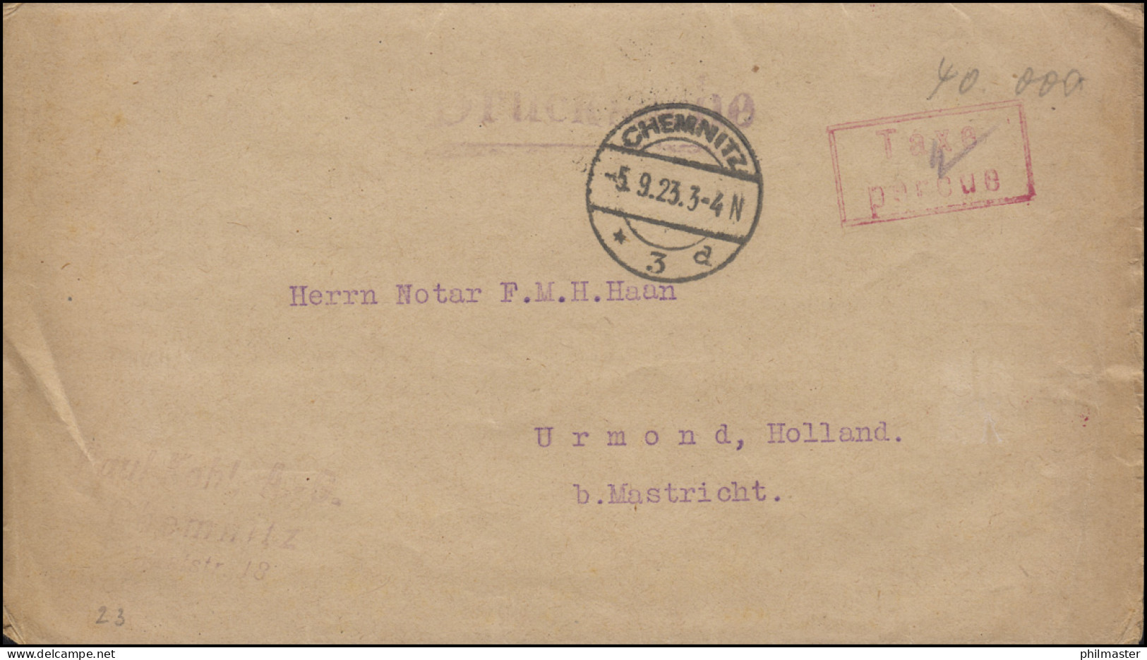 Gebühr-bezahlt-Drucksache Mit TAXE PERCUE-Stempel CHEMNITZ 5.9.1923 Nach Urmond - Brieven En Documenten