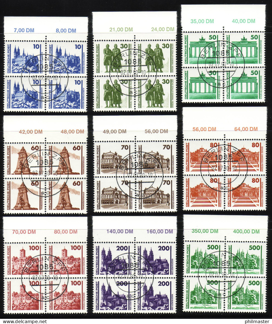 3344-3352 Bauwerke 1990, Satz Im Oberrand-Viererblock Gestempelt VS-O Berlin ZPF - Used Stamps