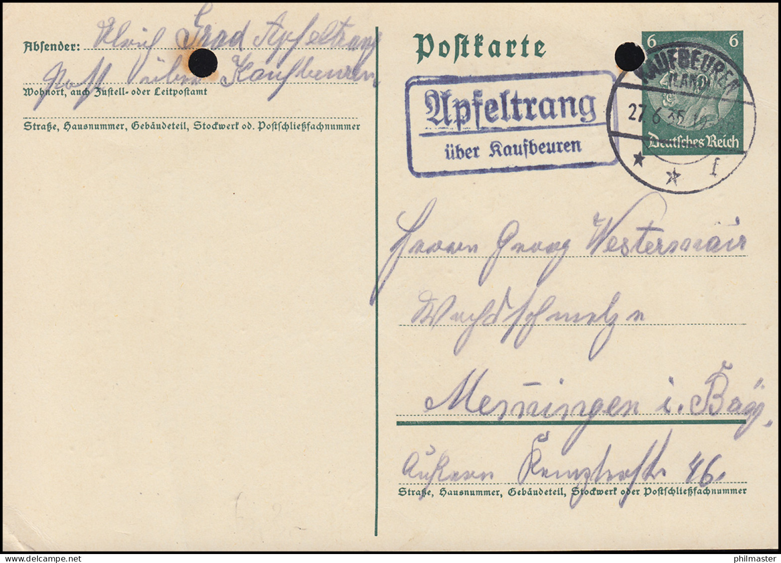 Landpost Apfeltrang über KAUFBEUREN (LAND) F - 27.6.35 Auf Postkarte P 226I - Covers & Documents