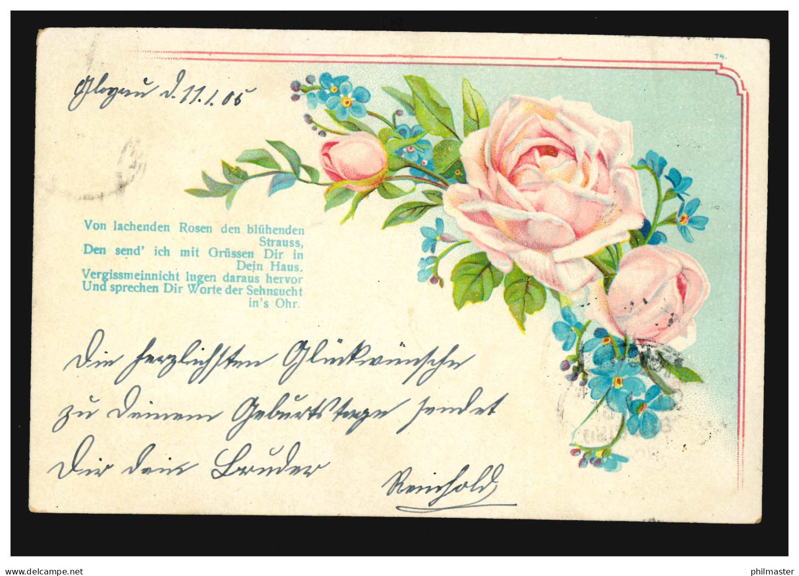 Lyrik-AK Rosen Und Veilchen Gedicht Lachende Rosen, GLOGAU 11.1.1905 Nach Berlin - Other & Unclassified