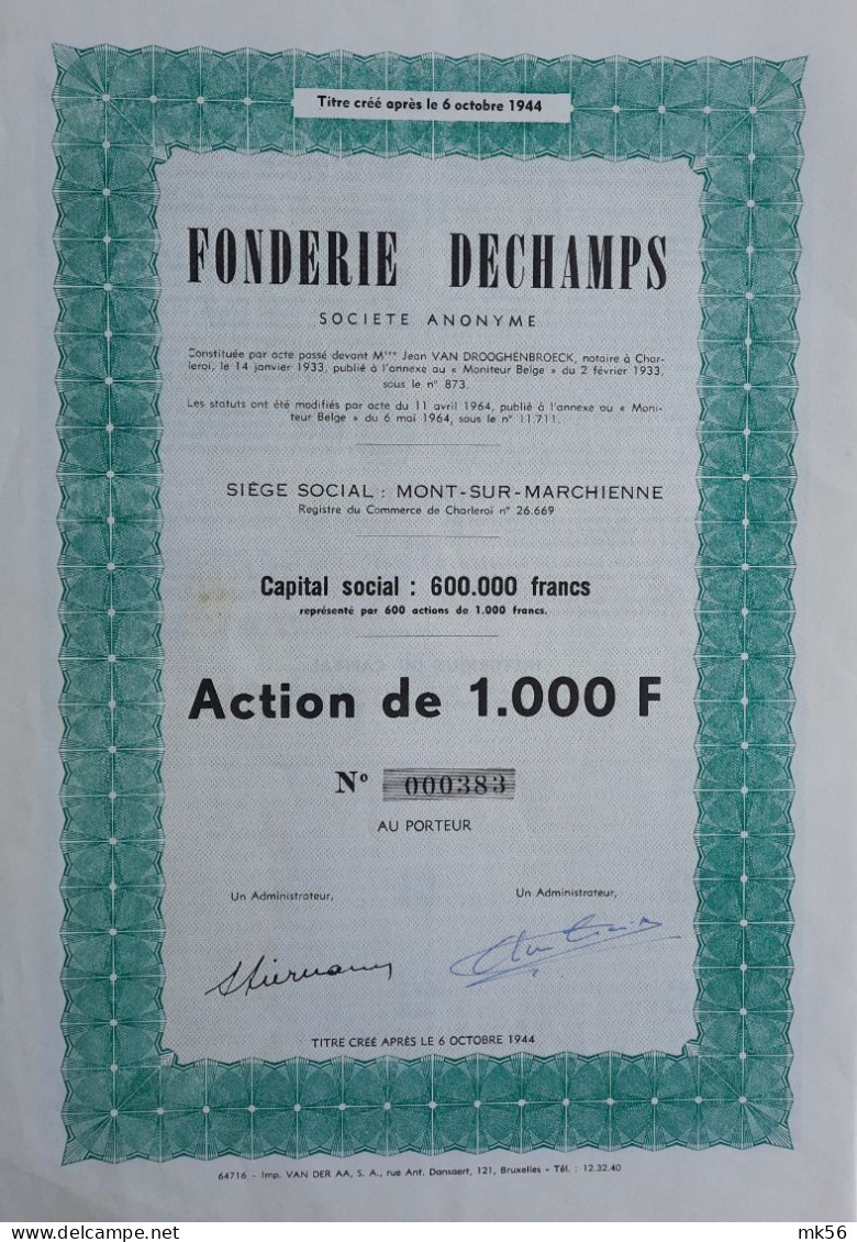 Fonderie Dechamps - Mont-sur-Marchienne- 1964 - Action De 1000 Fr - Industry