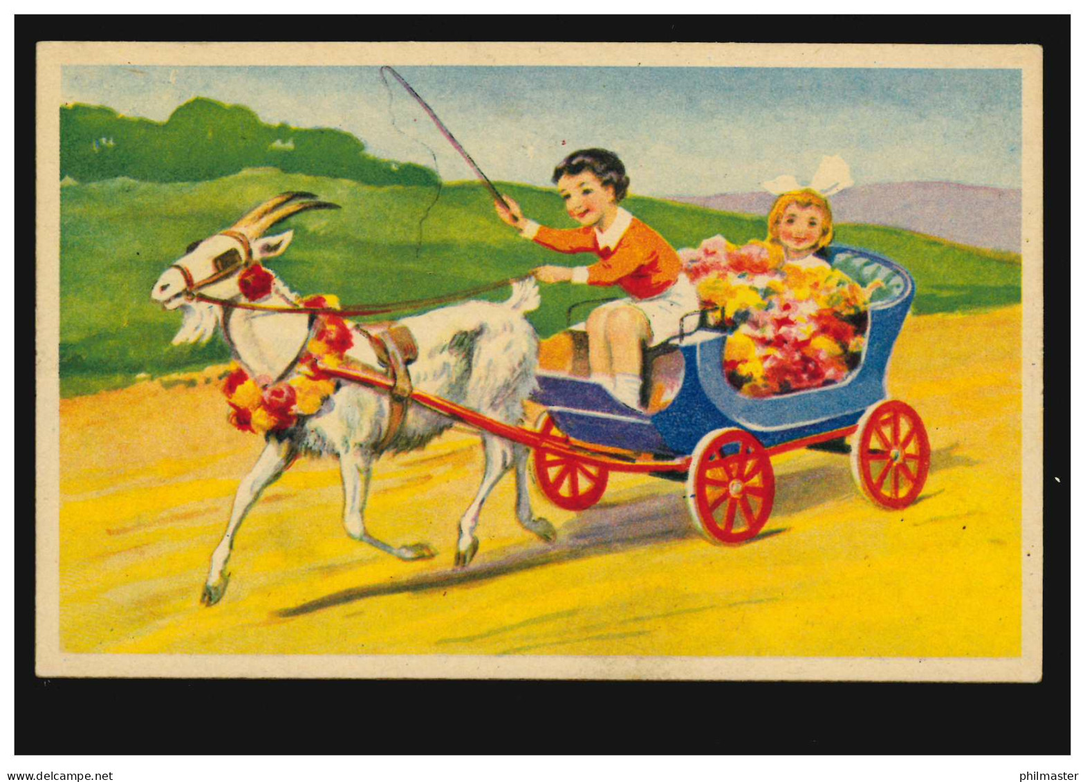 Tiere-AK Ziegenbock Zieht Wagen Mit Kindern Und Blumen, Um 1920, Ungebraucht - Other & Unclassified