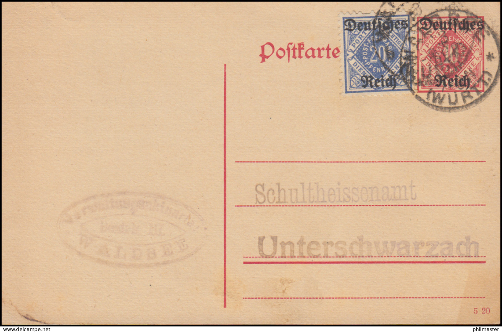 Dienstganzsache DP 12/03 Mit 20 Pf Zusatzfr. Verwaltungsaktuar WALDSEE 3.9.1920 - Other & Unclassified