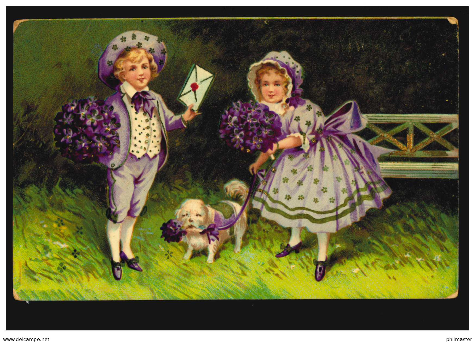 Prägekarte Tiere: Kinder In Violetter Kleidung Hund Blumen, GRONINGEN 29.7.1911 - Chiens