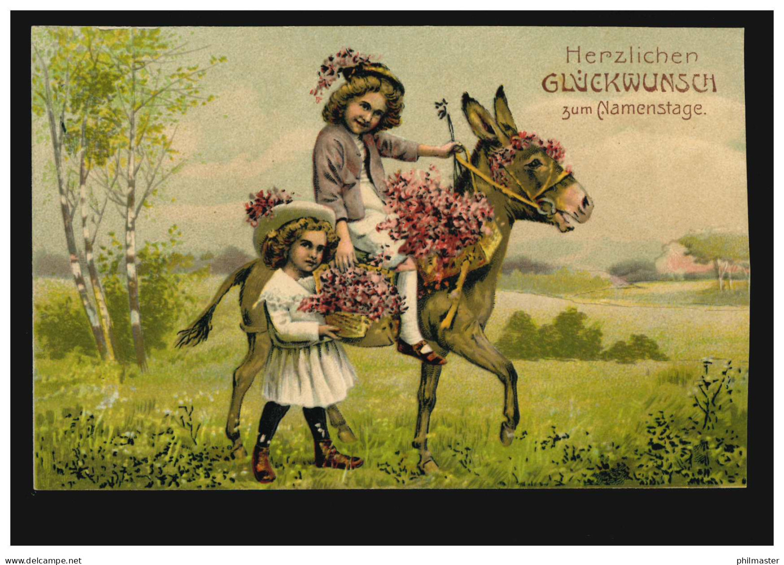 Prägekarte Tiere: Zwei Kinder Mit Esel Und Blumen, KEMPEN (RHEIN) 25.11.1909 - Altri & Non Classificati