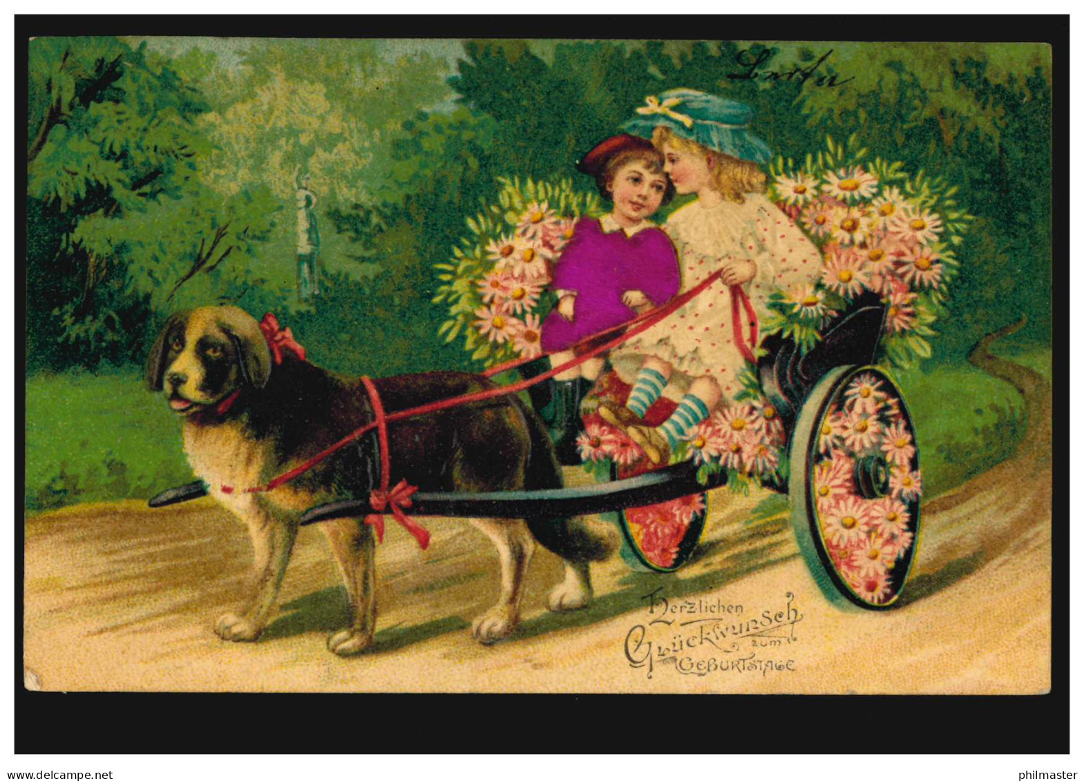 Prägekarte Tiere: Hundegespann Mit Mädchen Und Blumen, LINDAU 11.4.1912 - Chiens