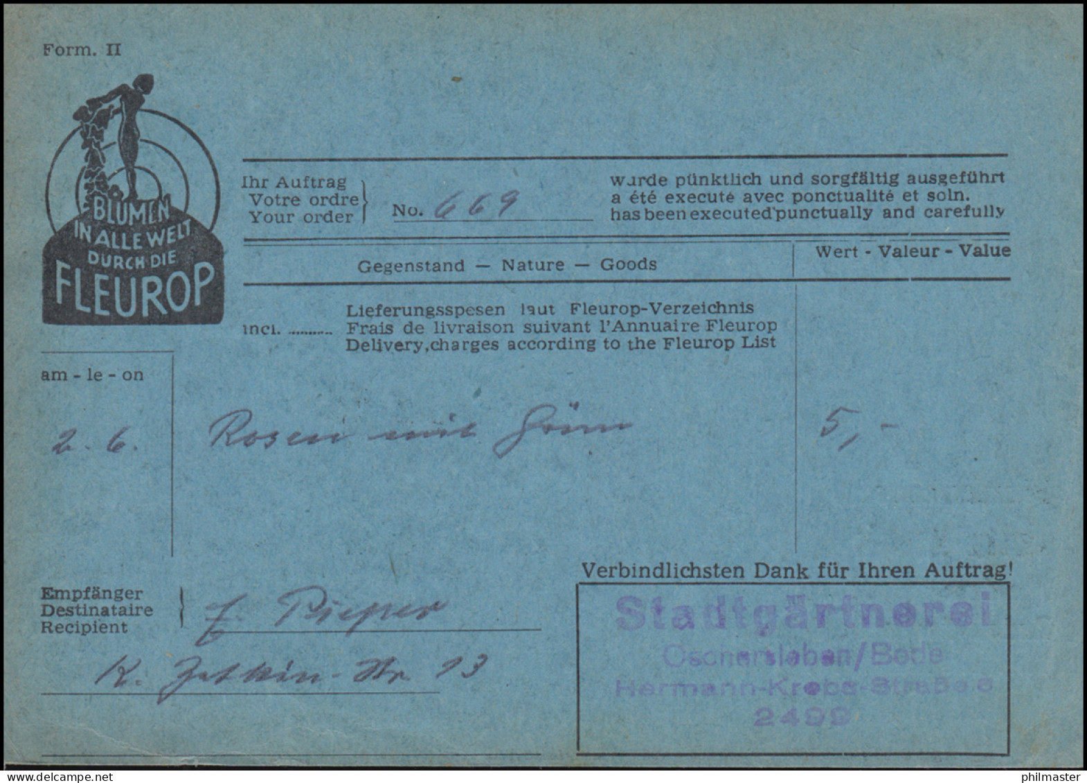 578B Fünfjahrplan EF 1959 Karte FLEUROP Blumengruß Durch Rank Potsdam-Babelsberg - Otros & Sin Clasificación