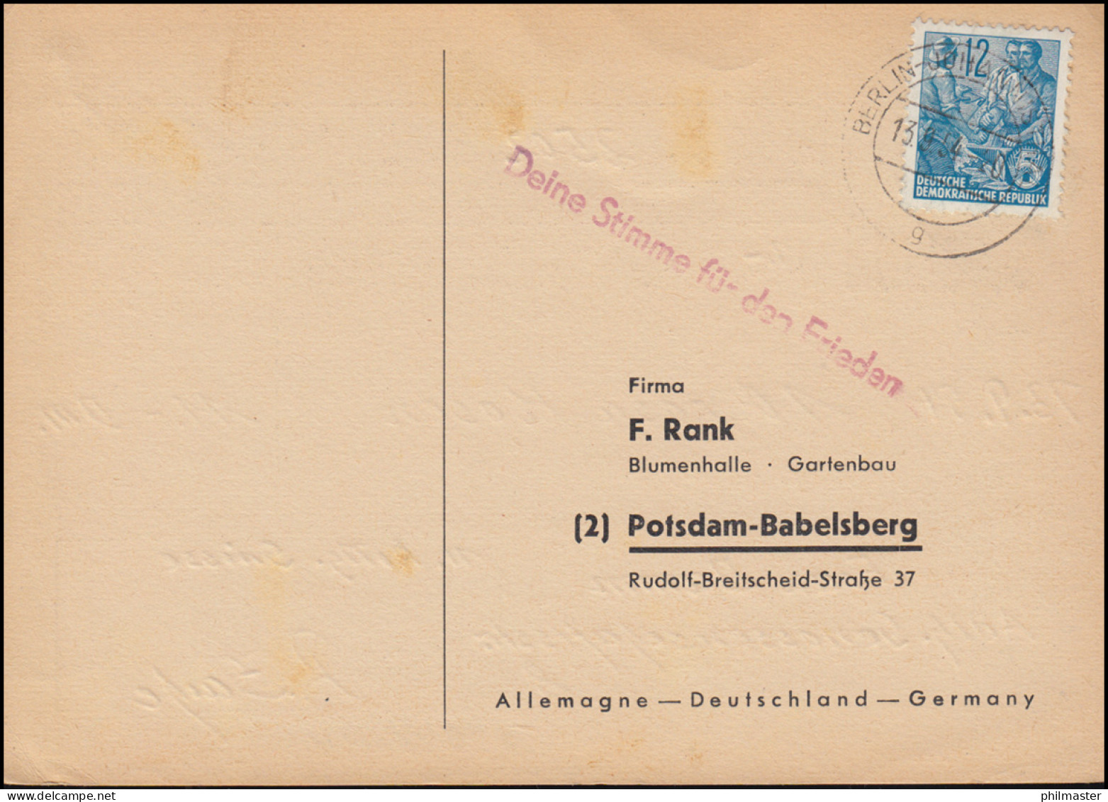 Propaganda-Stempel Deine Stimme Für Den Frieden, AK BERLIN-JOHANNESTHAL 13.9.54 - Autres & Non Classés