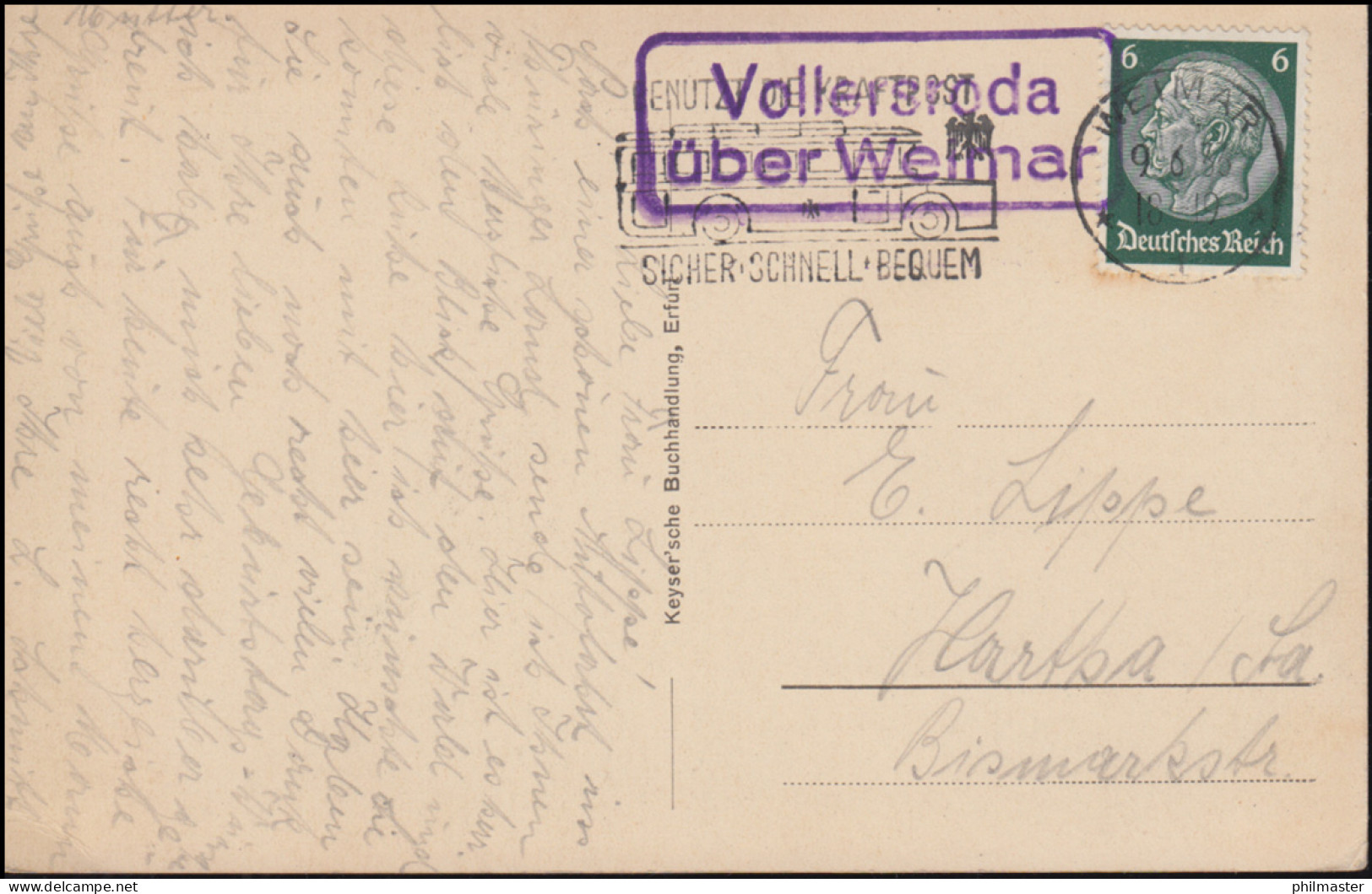 Landpost-Stempel Vollersroda über WEIMAR 9.6.33 Auf AK Erfurt Lutherzelle - Cartas & Documentos