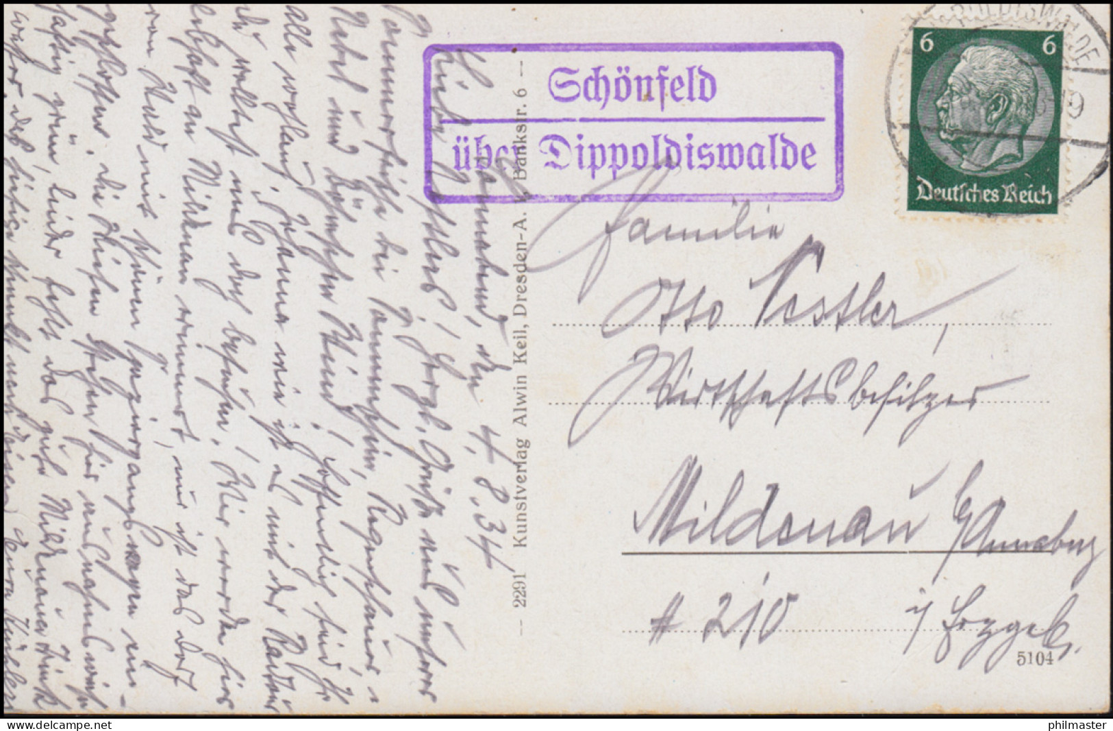 Landpost-Stempel Schönfeld über DIPPOLDISWALD LAND 4.8.1934 Auf Passender AK  - Cartas & Documentos