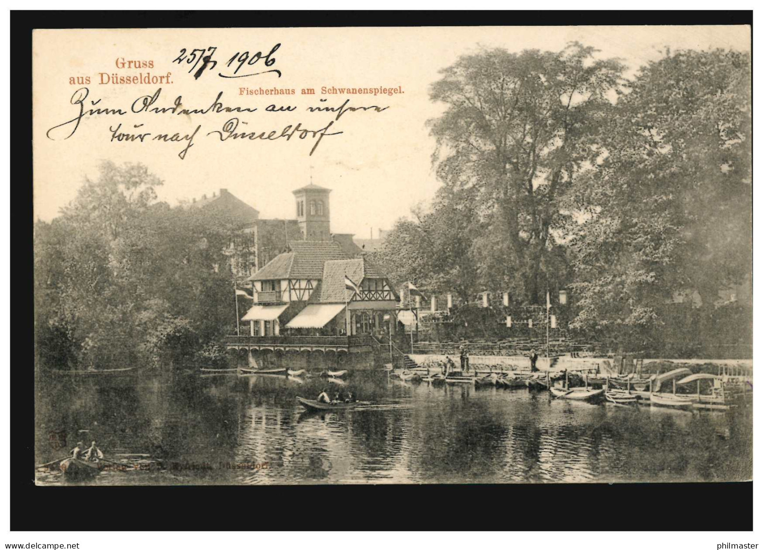 AK Gruß Aus Düsseldorf: Fischerhaus Am Schwanenspiegel, Beschriftet 1906 - Altri & Non Classificati