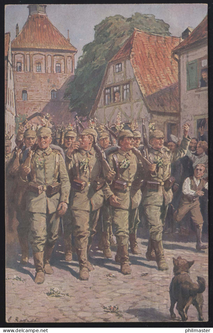 Militaria-AK A. Roloff: Ausmarsch, Wofa-Karte Rotes Kreuz, Feldpost LANDAU 1916  - Autres & Non Classés