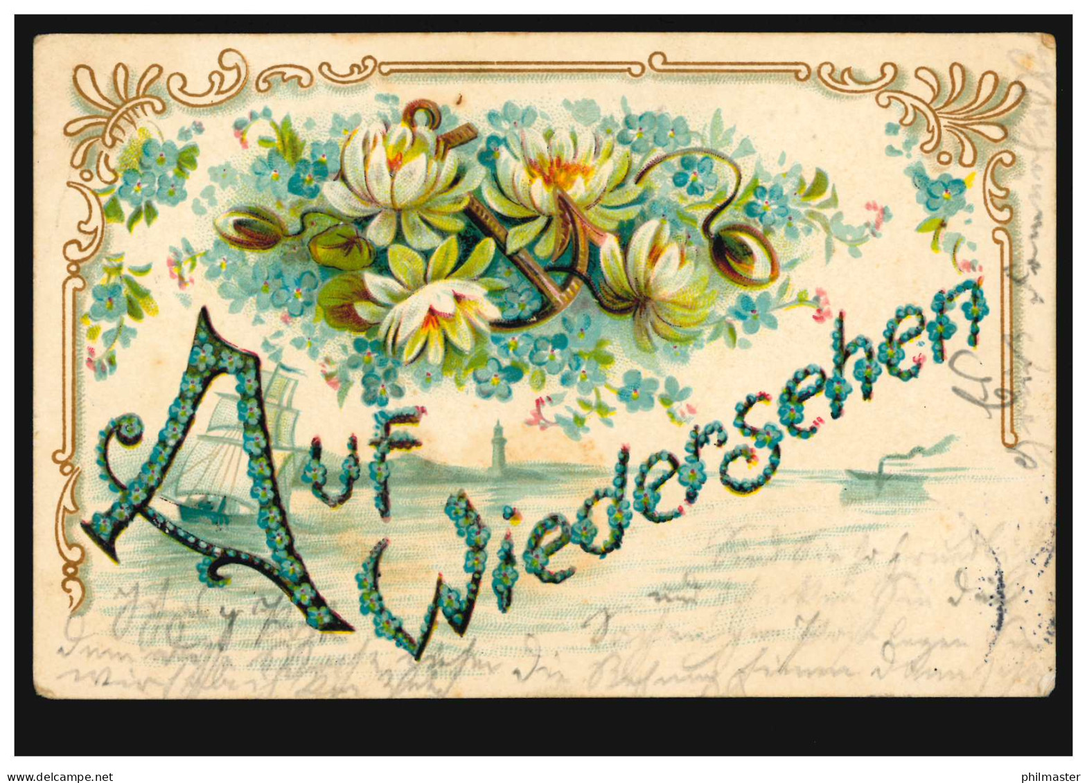 Prägekarte Auf Wiedersehen: Seerosen, Anker, RHEYDT (BZ DÜSSELDORF) 19.3.1905 - Autres & Non Classés