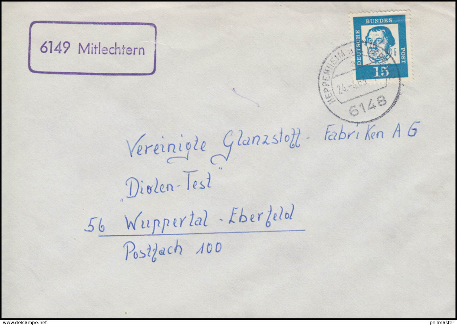 Landpost-Stempel 6449 Mitlechtern Auf Drucksache HEPPENHEIM BERGSTR. 24.4.1963 - Otros & Sin Clasificación