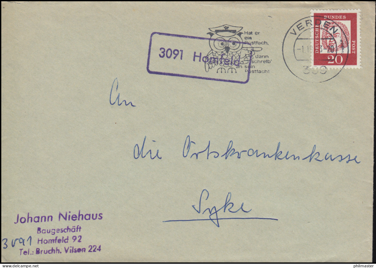 Landpost-Stempel 3091 Homfeld Auf Brief VERDEN 1.10.1963 - Sonstige & Ohne Zuordnung