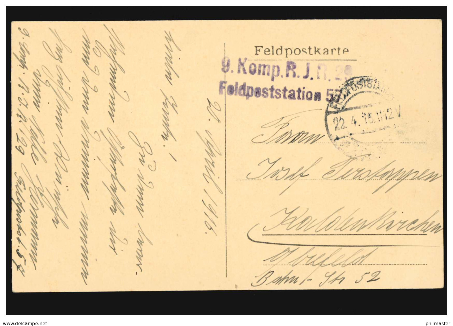 Feldpost BS 9 Komp. R.J.R. 29 Feldpoststation 57 - 22.4.1916, Künstler-AK Kirche - Occupation 1914-18