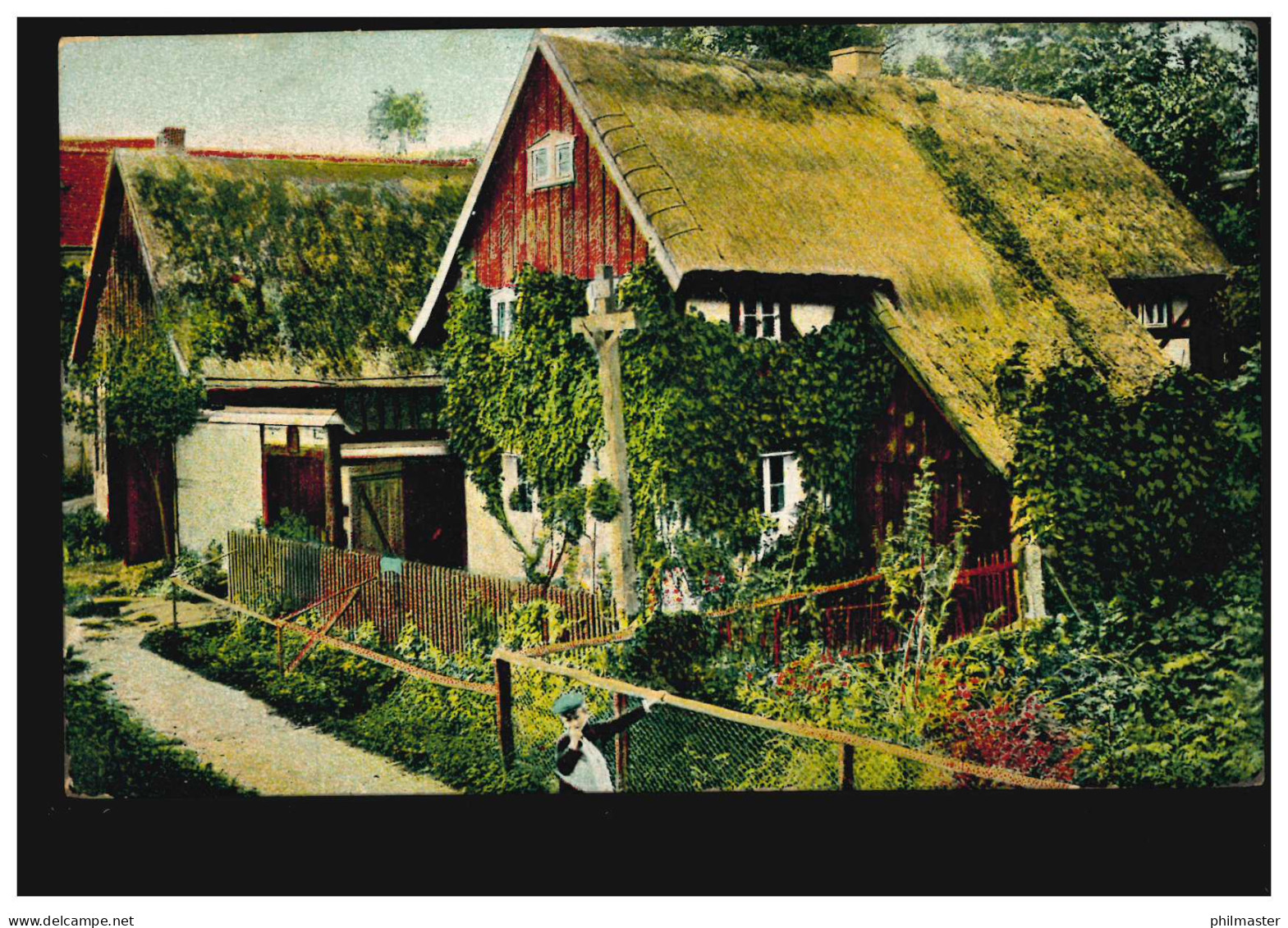 Künstler-AK Dorfidylle Mit Vorgarten Und Wegkreuz, Gelaufen 1908 - Zonder Classificatie