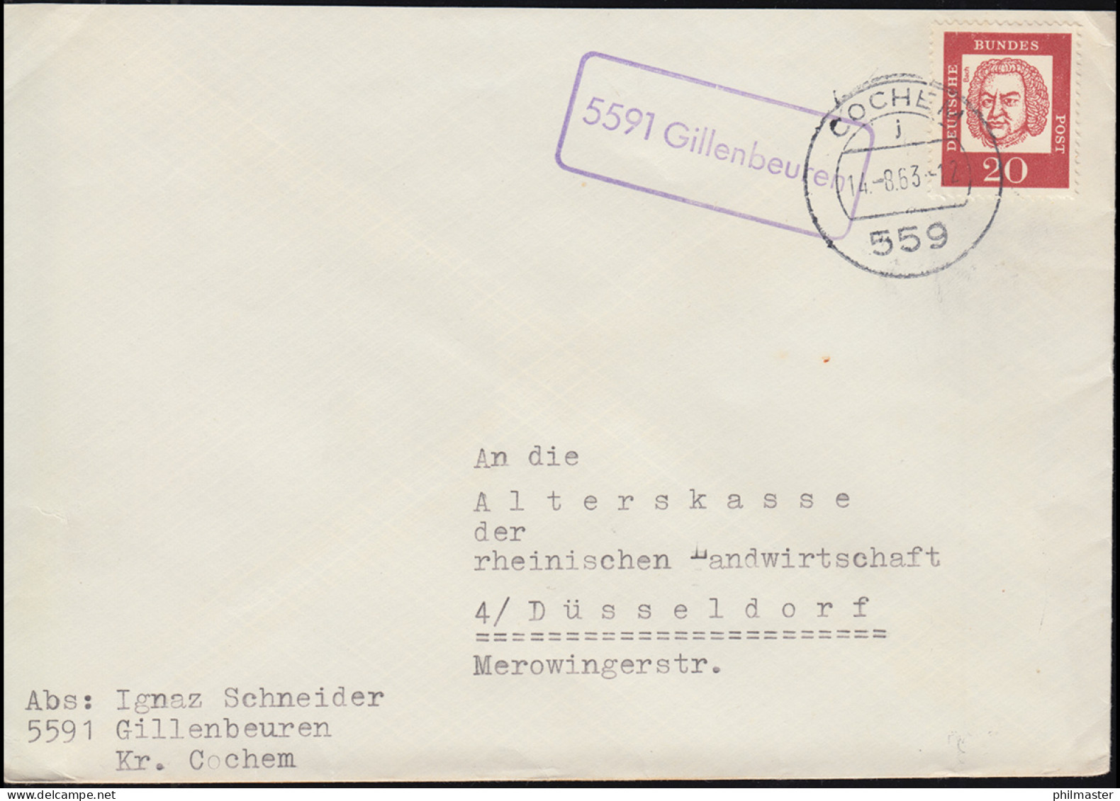 Landpost-Stempel 5591 Gillenbeuren Auf Brief COCHEM 14.8.1963 Nach Düsseldorf - Altri & Non Classificati