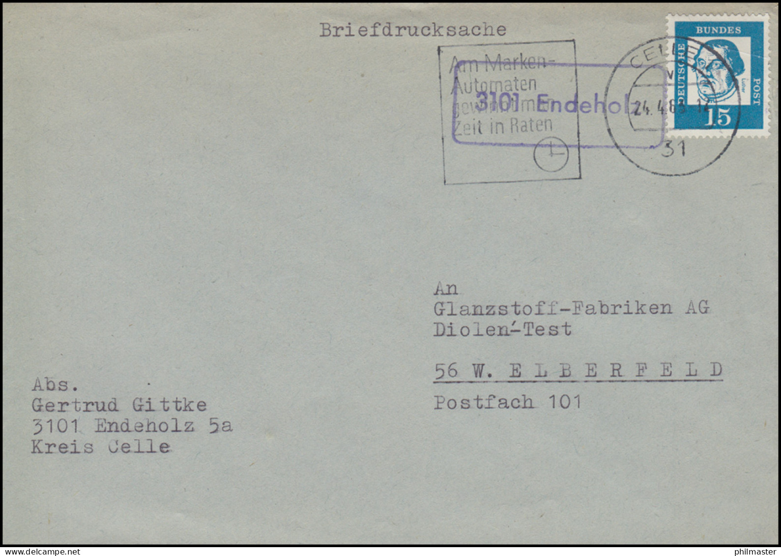 Landpost-Stempel 3101 Endeholz Auf Briefdrucksache CELLE 24.4.1963 - Other & Unclassified