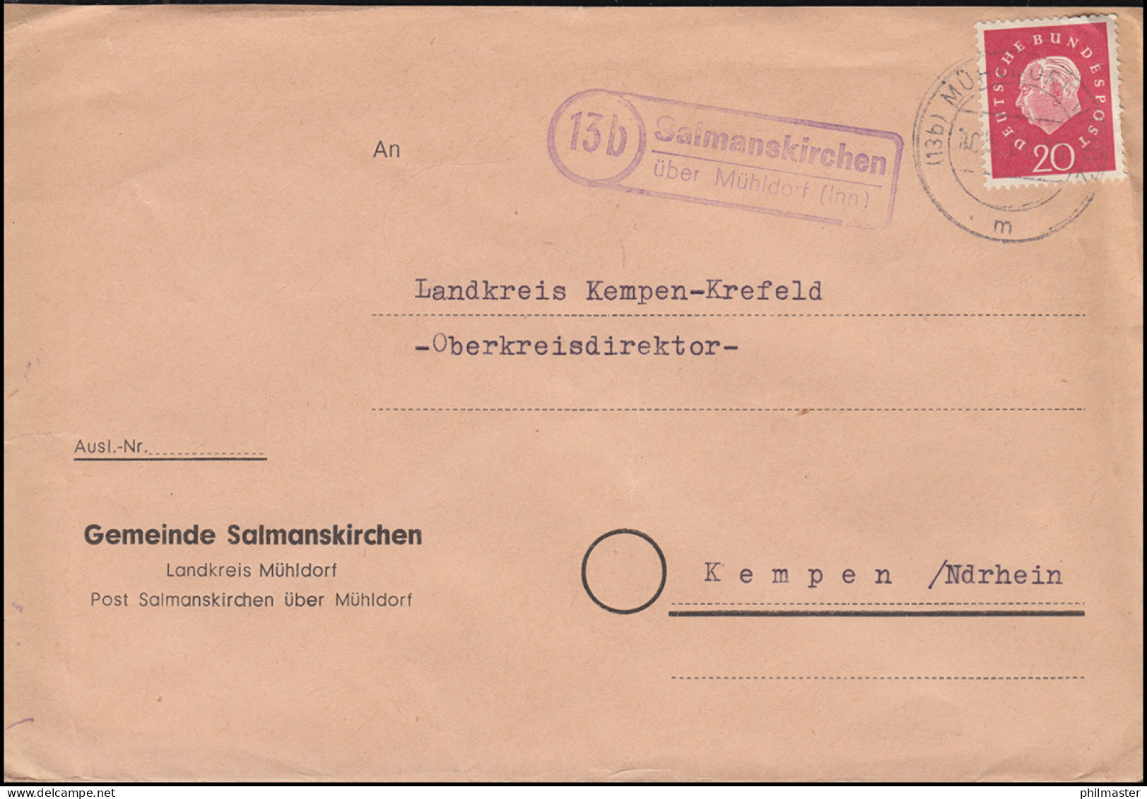 Landpost-Stempel Salmanskirchen über MÜHLDORF (INN) 10.5.1961 Nach Kempen - Other & Unclassified