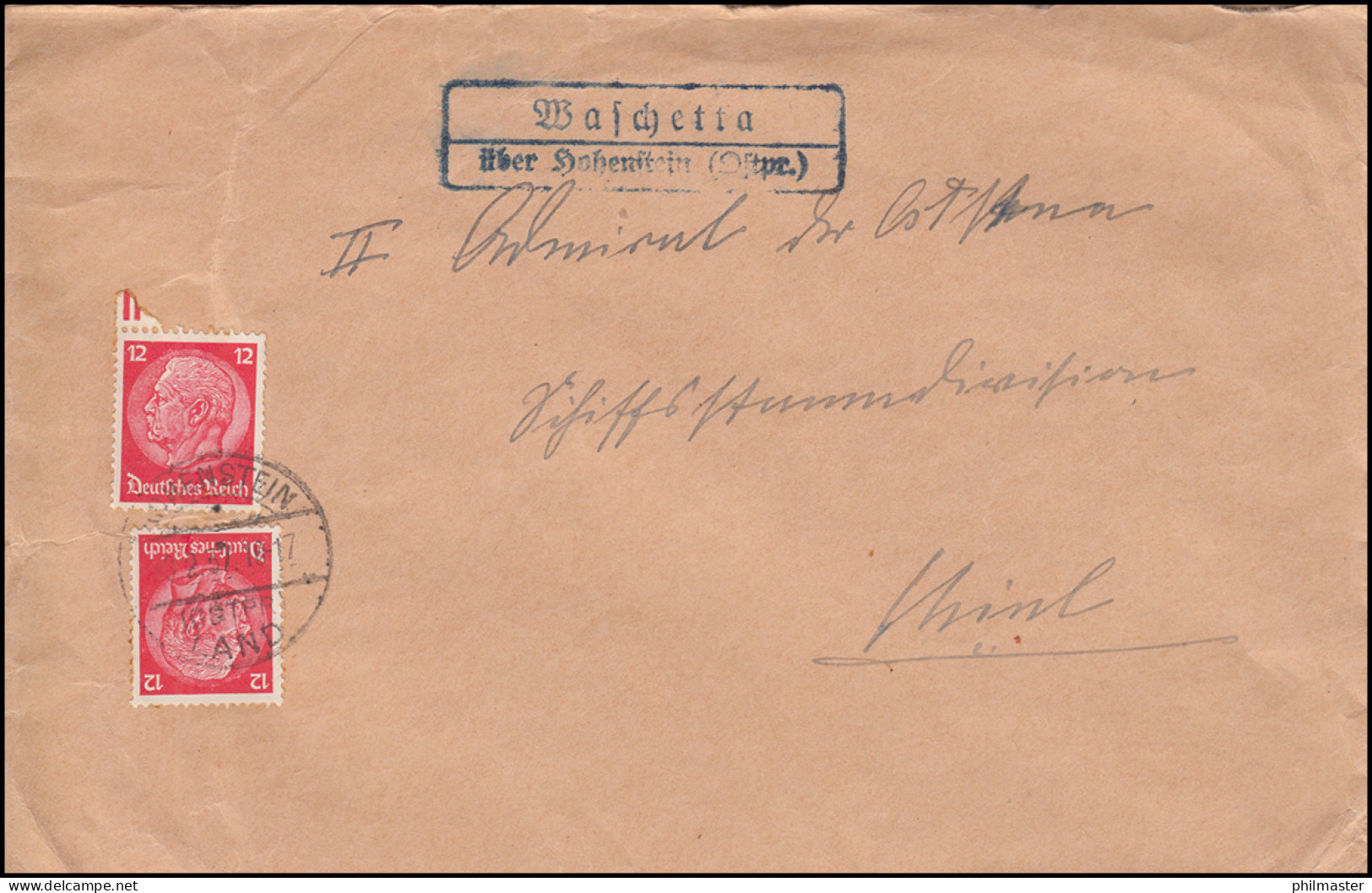 Landpost-Stempel Waschetta über HOHENSTEIN (OSTPR.) LAND 3.2.1937 Auf Brief - Brieven En Documenten