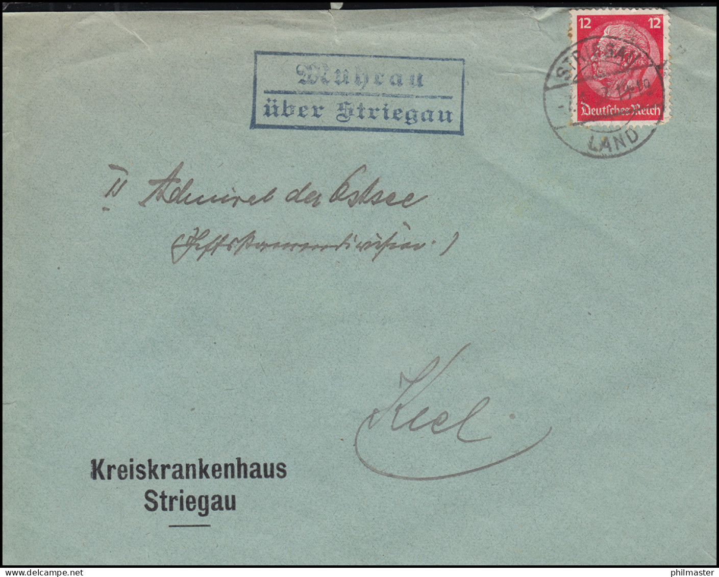 Landpost-Stempel Muhrau über STRIEGAU LAND 7.1.1937 Auf Brief Nach Kiel - Briefe U. Dokumente