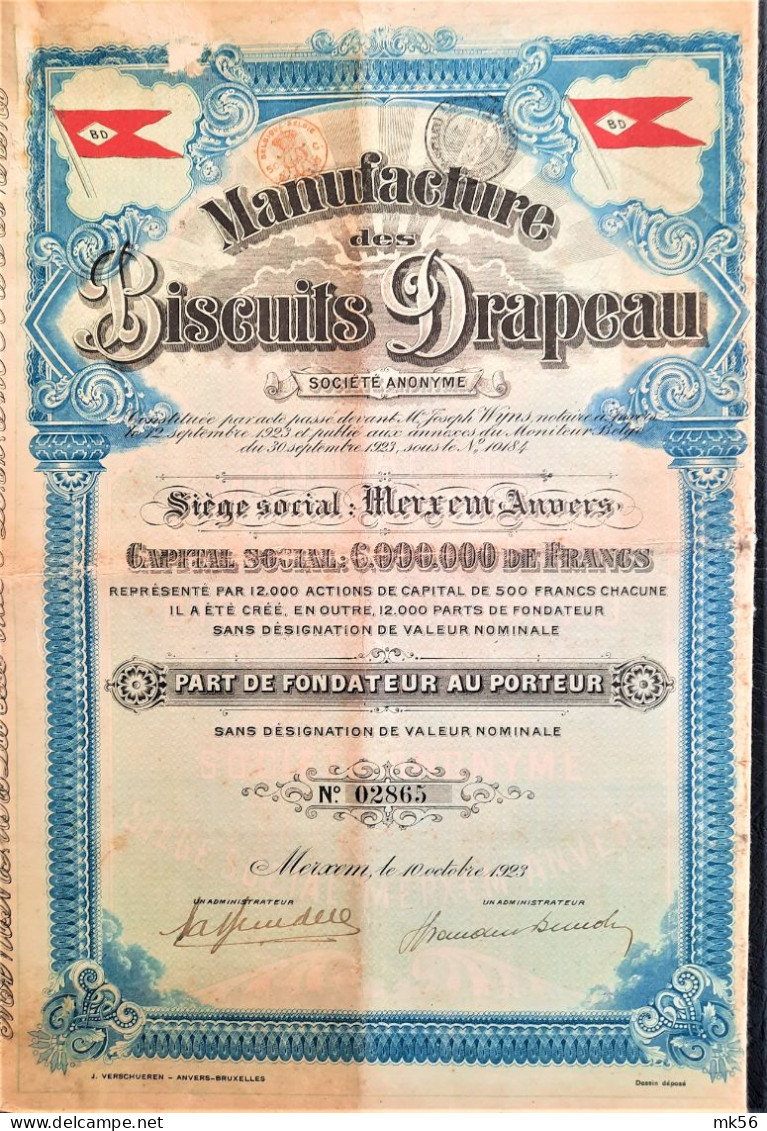 Manufacture Des Biscuits Drapeau - Part De Fondateur -1923 - Merxem Anvers - Sonstige & Ohne Zuordnung
