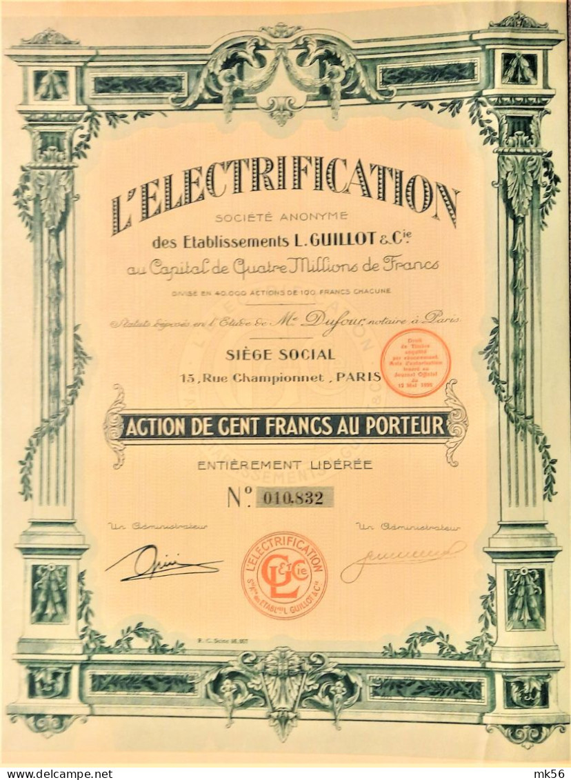 S.A. L'electrification Des Etablissements L.Guillot & Cie - Action De 100 Francs (1926) - Elettricità & Gas