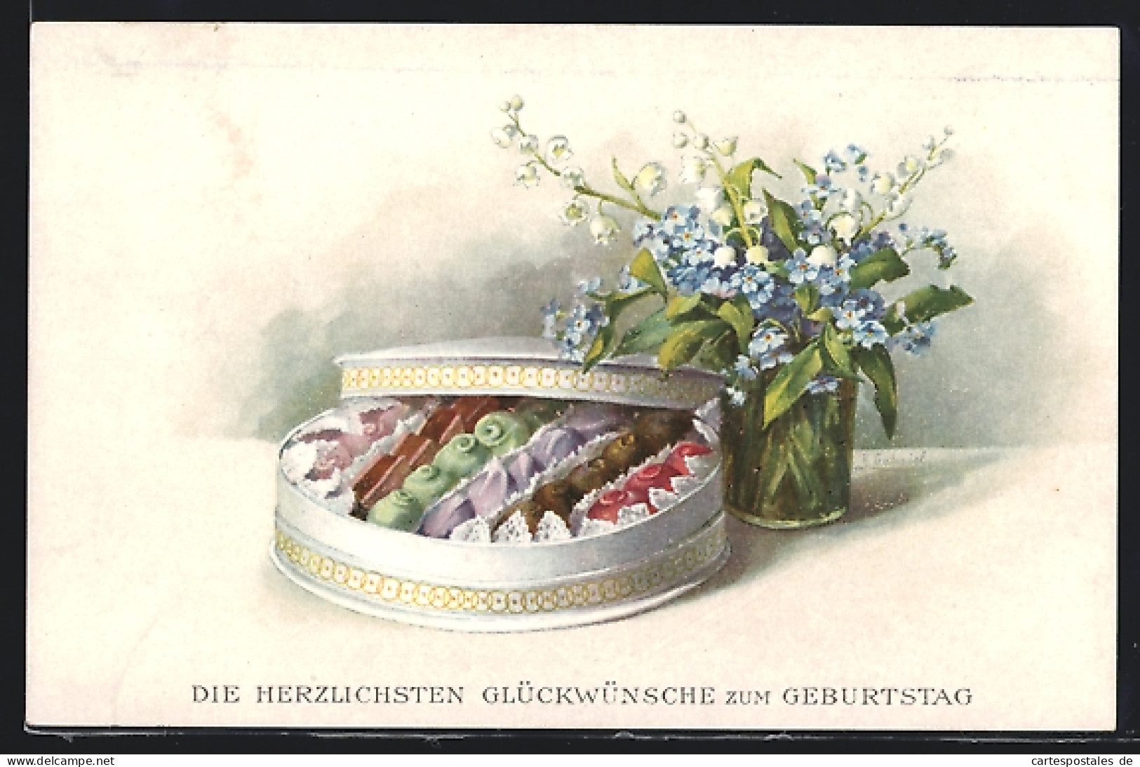 Künstler-AK M. Munk Nr. 1198: Stillleben Mit Pralinen Und Blumen In Der Vase, Glückwünsche Zum Geburtstag  - Autres & Non Classés