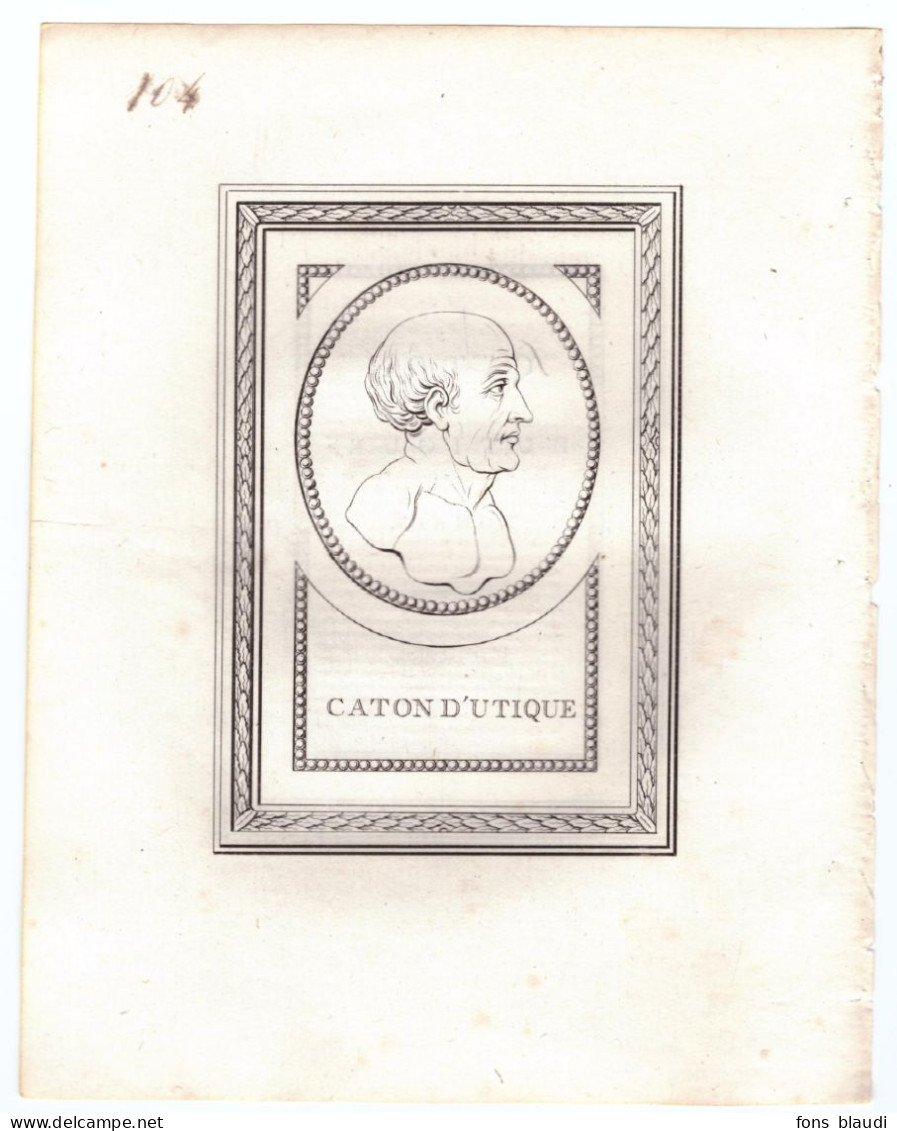 18ème Siècle - Gravure Sur Cuivre - Portrait De Caton D'Utique (Utique 95 Av. J.-C. - Rome 46 Av. J.-C.) - Estampas & Grabados