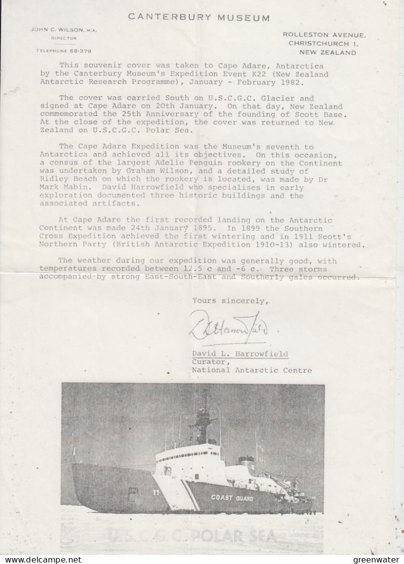 Ross Dependency Canterbury Museum Exp Cape Adare Cover + Copy Letter Ca Scott Base 26 JA 1982 (RT206) - Spedizioni Antartiche