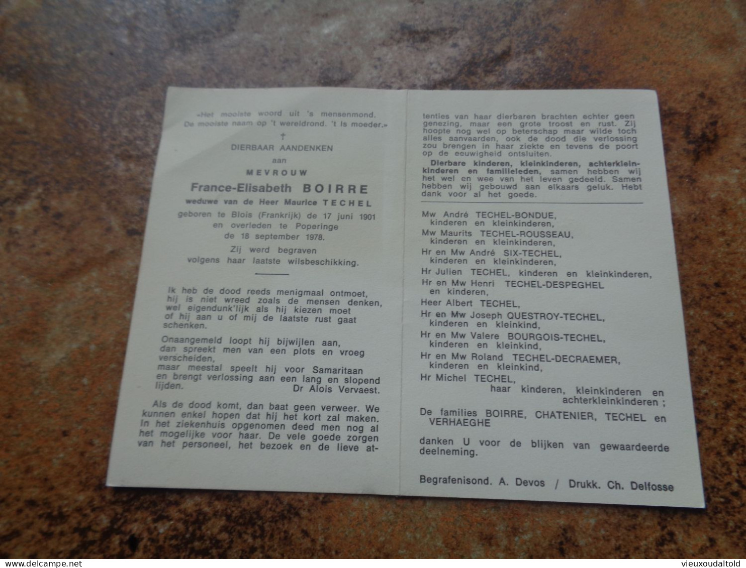 Doodsprentje/Bidprentje   France-Elisabeth BOIRRE   Blois (Fr) 1901-1978 Poperinge (Wwe Maurice TECHEL) - Godsdienst & Esoterisme
