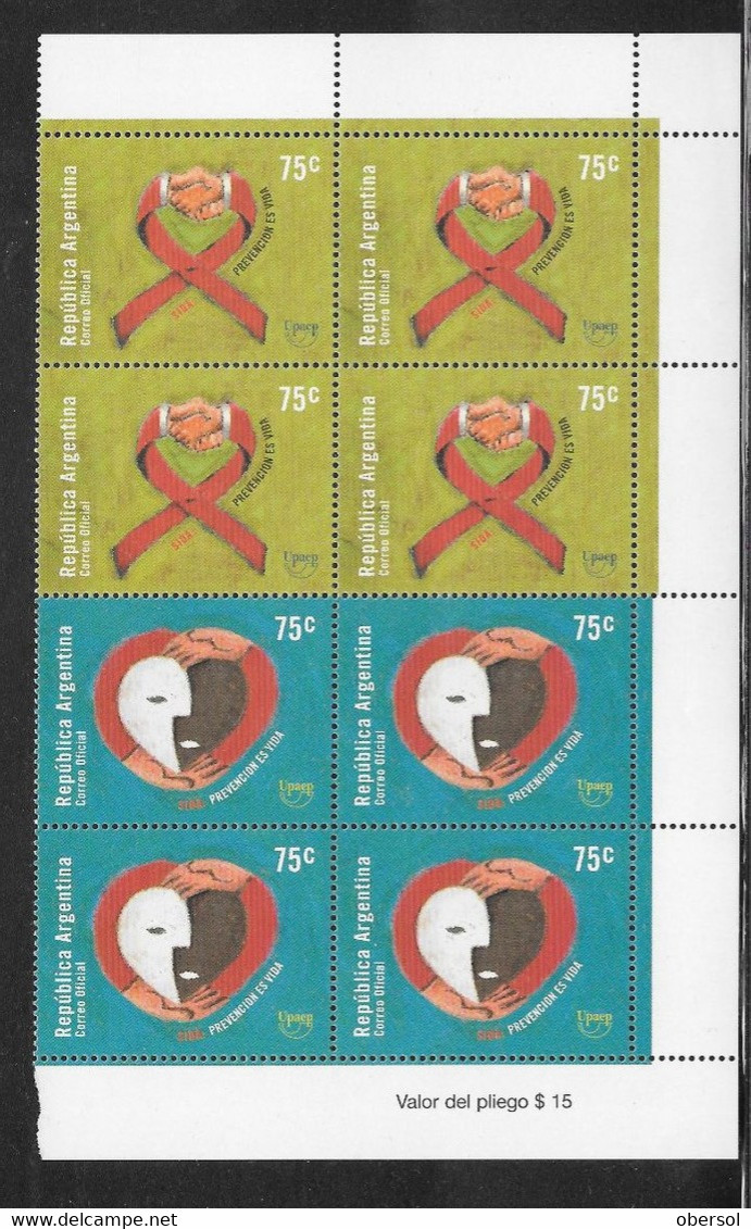 Argentina 2000 Aids Prevention Complete Set MNH In Se-Tenant Blocks Of Four - Ongebruikt