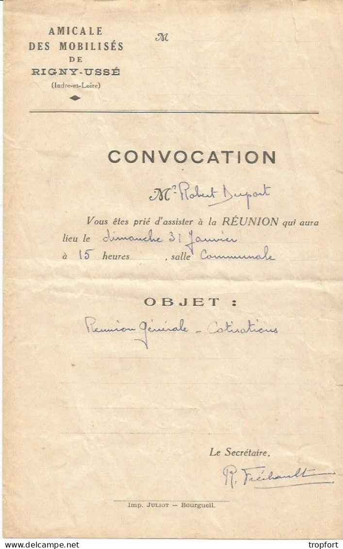 Convocation Lettre Reunion MOBILISES DE USSY-USSE  Indre Et Loire - Historische Documenten